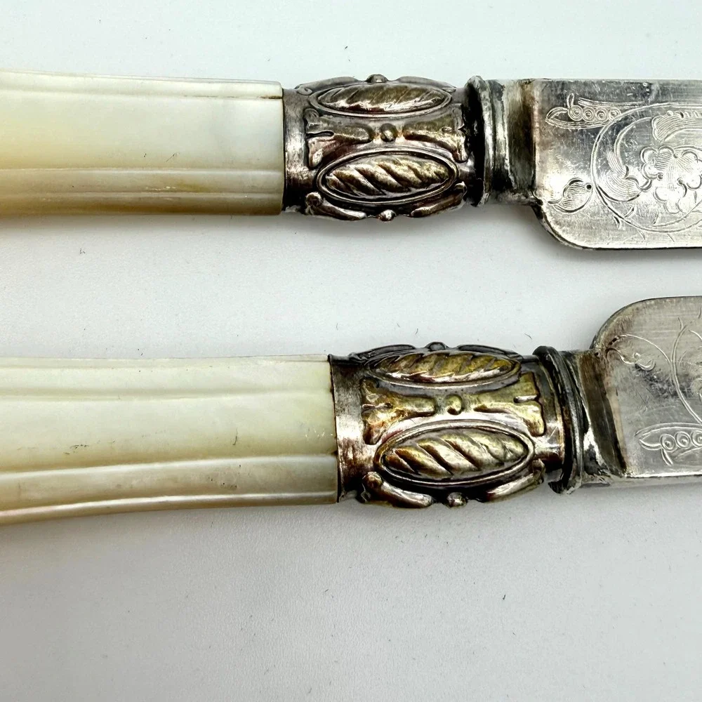 Antique‎ Victorian Mother of Pearl Engraved Dessert Knives Set of 6 Silverplate